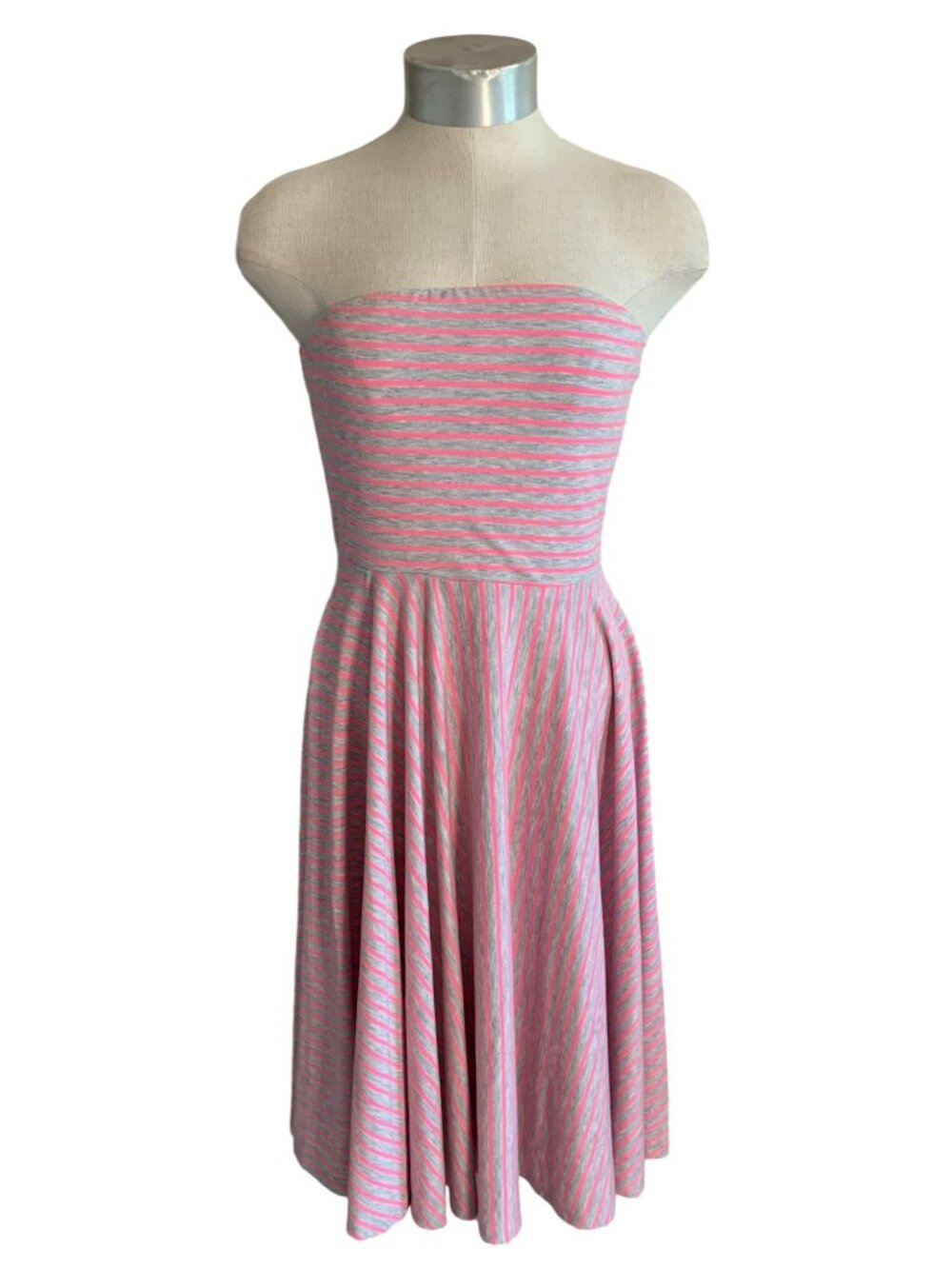 MAURICES Gray + Pink Striped Strapless Fit & Flare Knee-Length Knit Dress NWT S